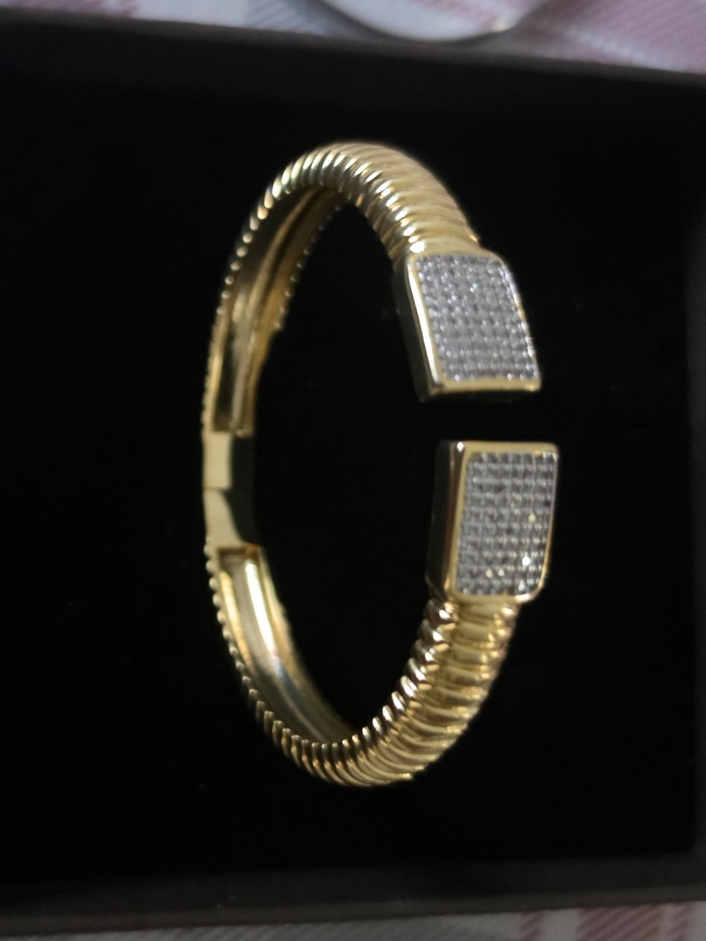 Gold Pavé Open Cuff Bracelet with Ribbed Band